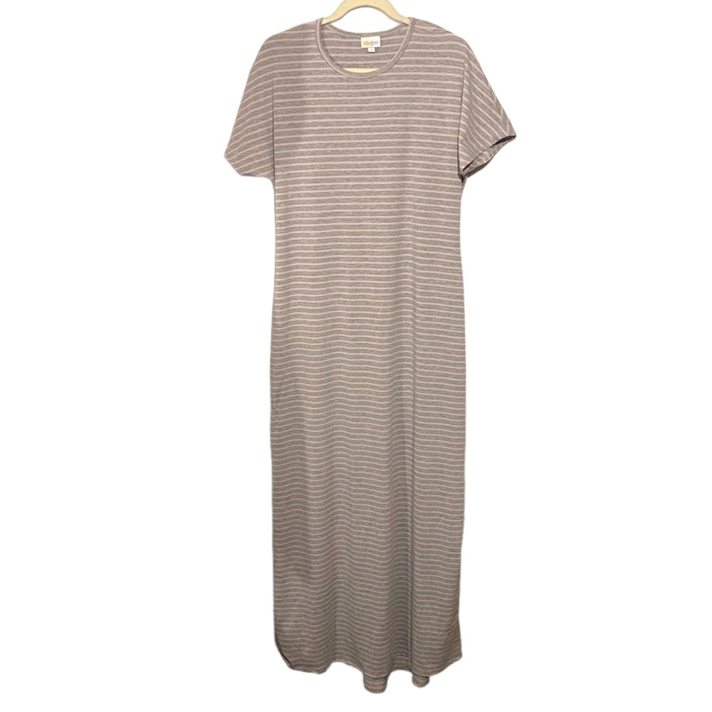 Lularoe Sz M Maria Dress Maxi Dress Gray Purple Striped Pullover Cap Sleeve